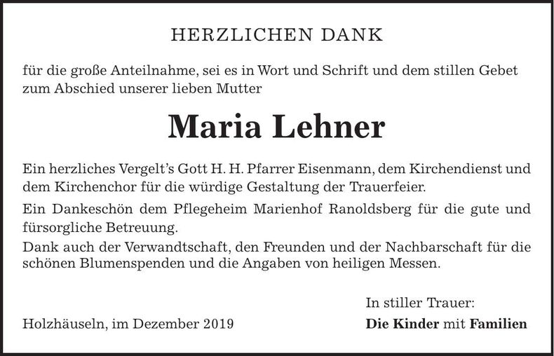 Traueranzeige Maria Lehner