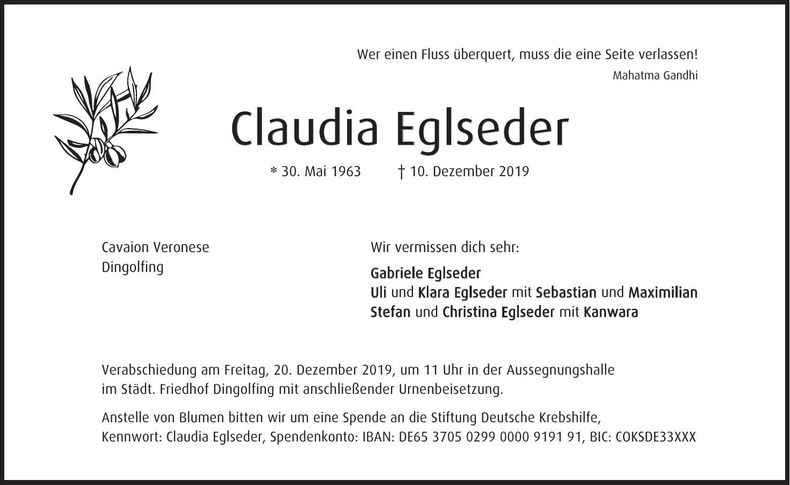Traueranzeige Claudia Eglseder