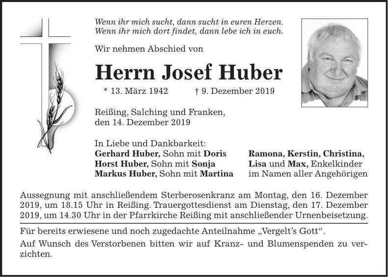 Traueranzeige Josef Huber