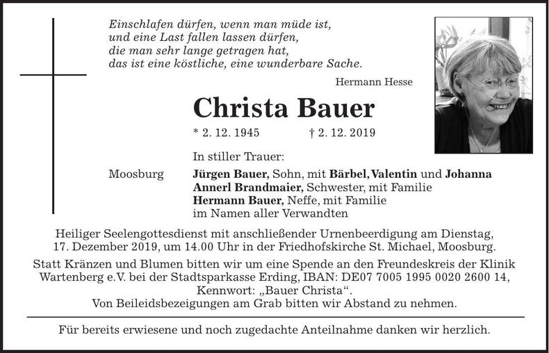 Traueranzeige Christa Bauer