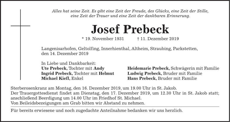 Traueranzeige Josef Prebeck