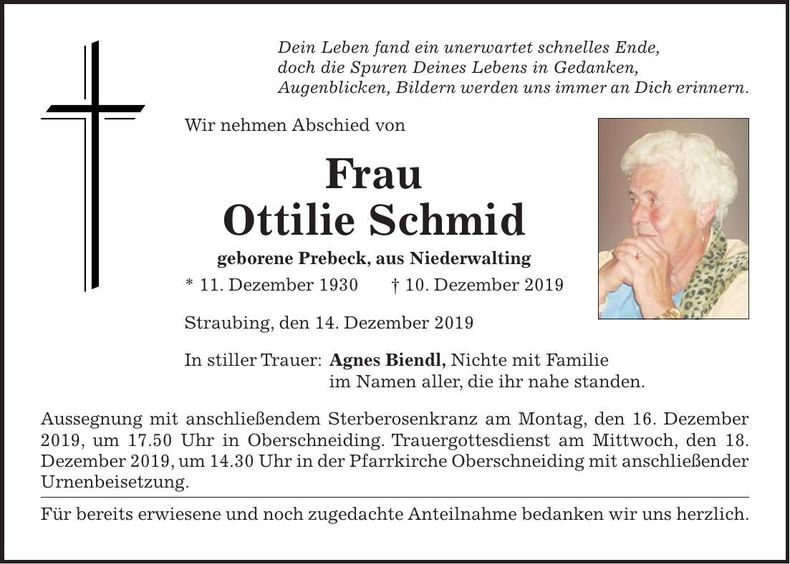 Traueranzeige Ottilie Schmid