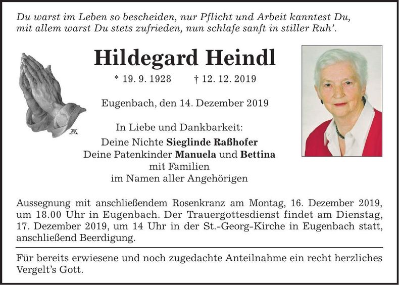 Traueranzeige Hildegard Heindl
