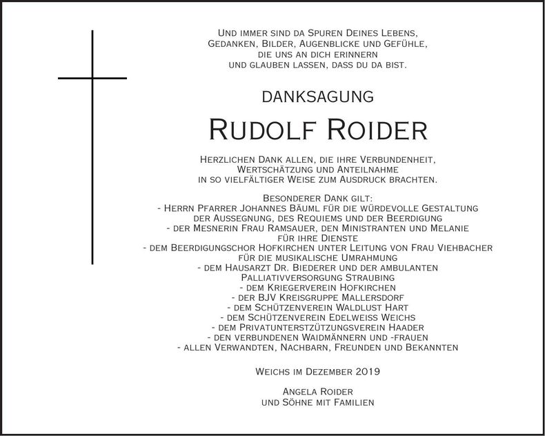 Traueranzeige Rudolf Roider