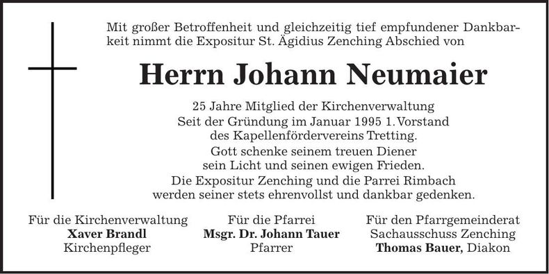 Traueranzeige Johann Neumaier