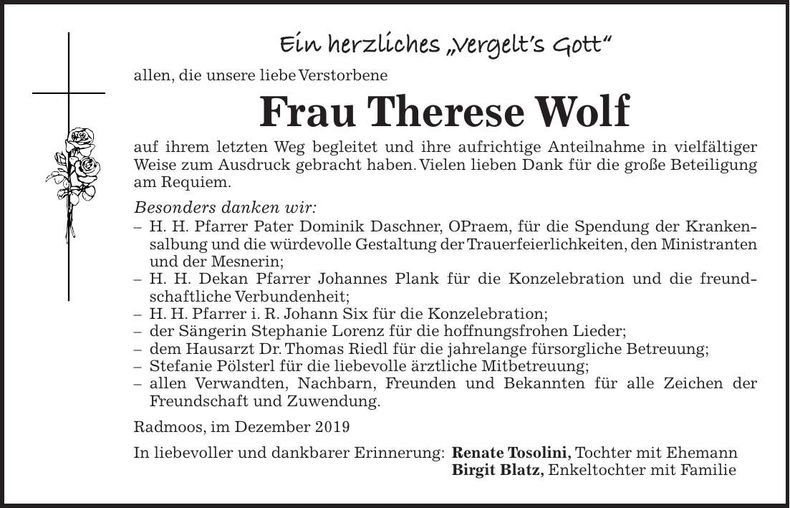 Traueranzeige Therese Wolf