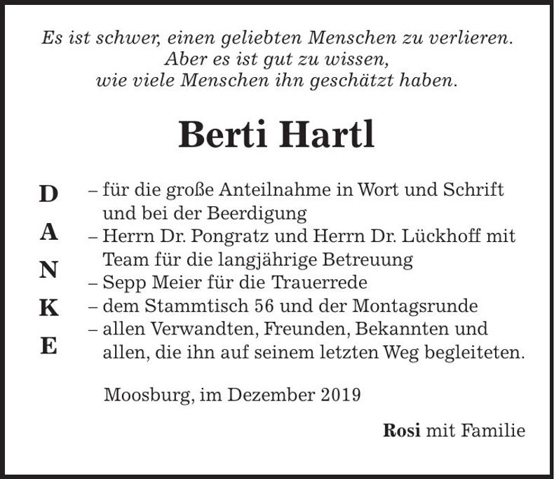 Traueranzeige Berti Hartl