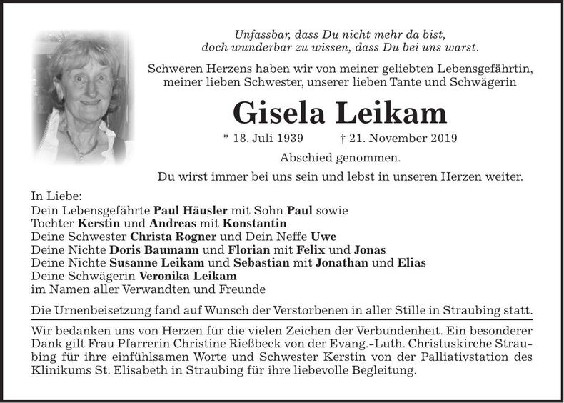 Traueranzeige Gisela Leikam