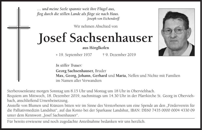 Traueranzeige Josef Sachsenhauser