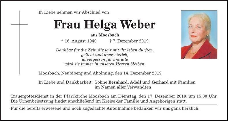 Traueranzeige Helga Weber
