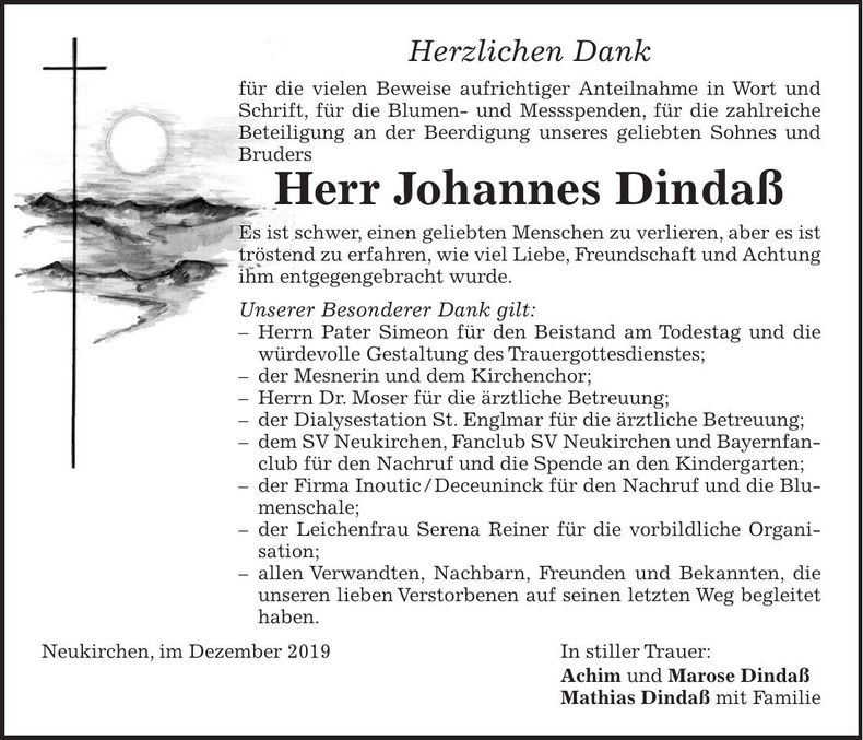 Traueranzeige Johannes Dindaß