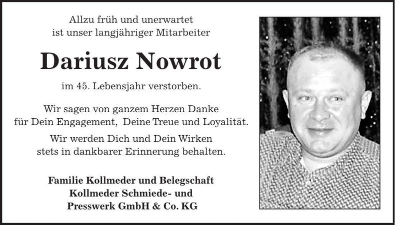 Traueranzeige Dariusz Nowrot