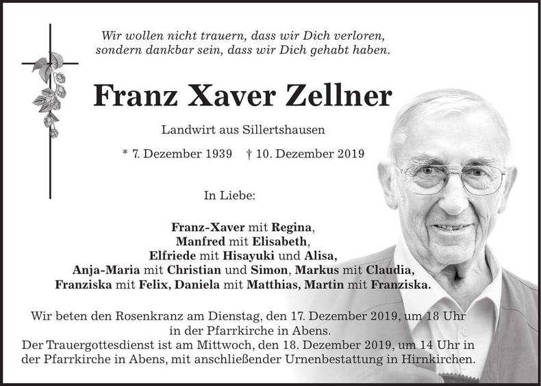Traueranzeige Franz Xaver Zellner
