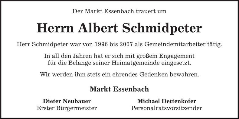 Traueranzeige Albert Schmidpeter