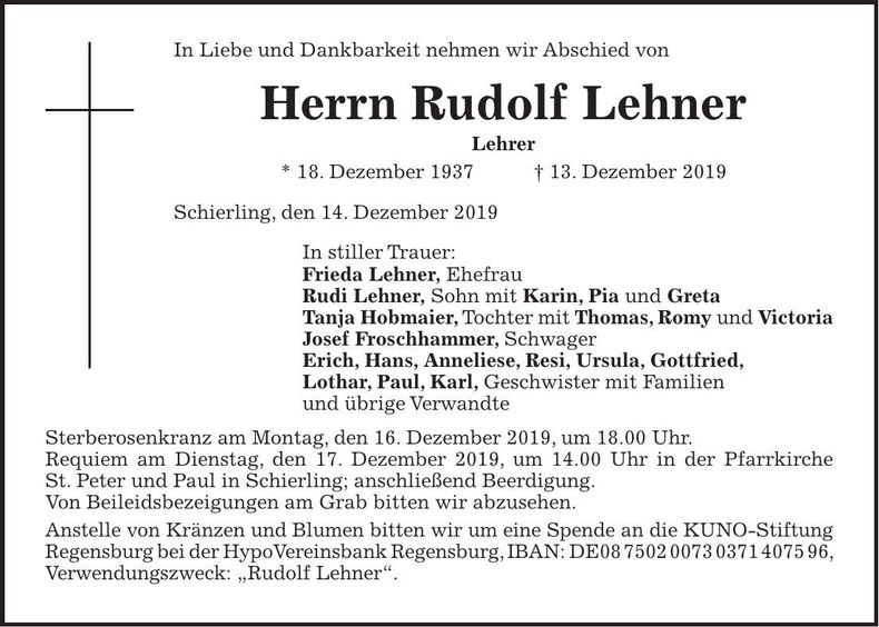 Traueranzeige Rudolf Lehner