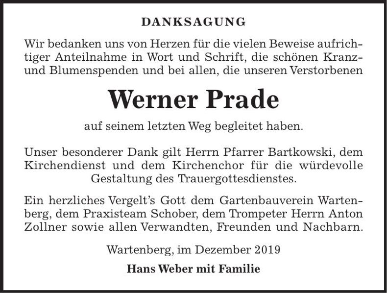 Traueranzeige Werner Prade