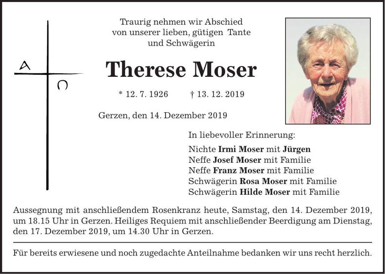 Traueranzeige Therese Moser