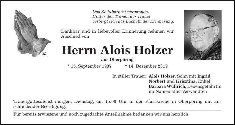 Traueranzeige Alois Holzner
