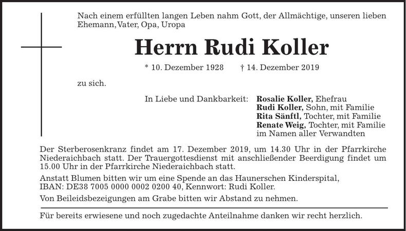 Traueranzeige Rudi Koller
