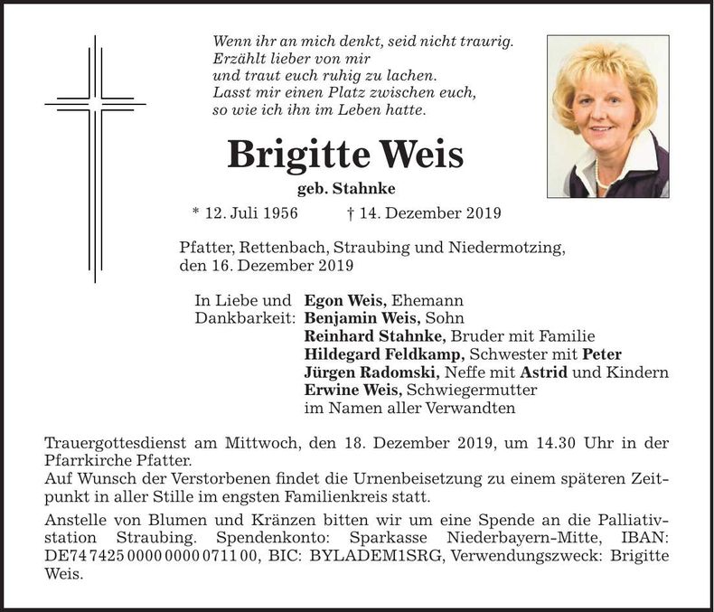 Traueranzeige Brigitte Weis