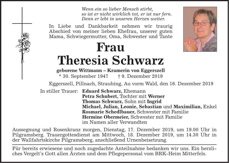 Traueranzeige Theresia Schwarz