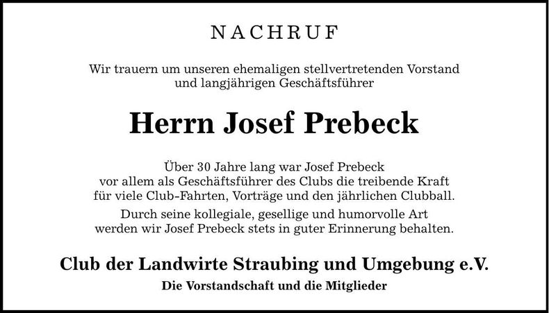 Traueranzeige Josef Prebeck