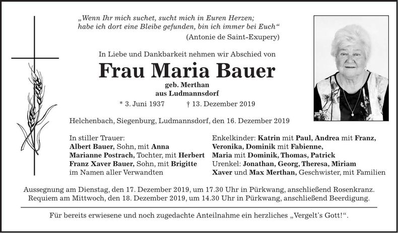 Traueranzeige Maria Bauer