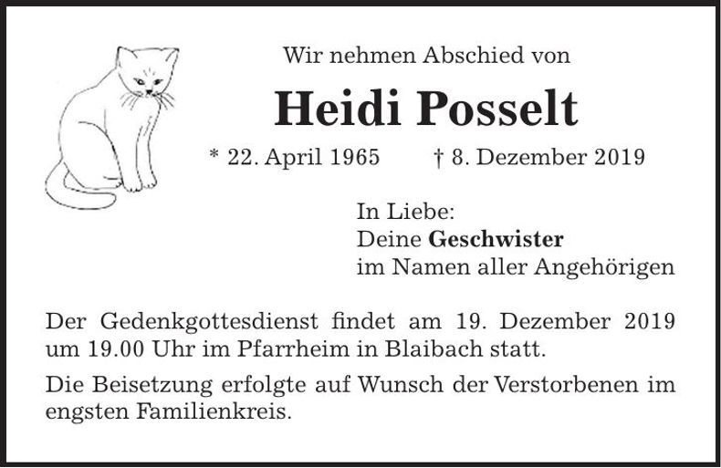 Traueranzeige Heidi Posselt
