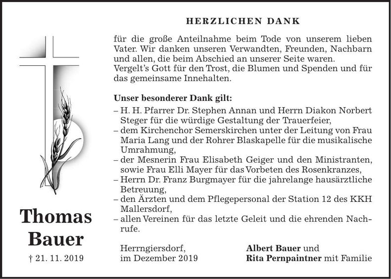Traueranzeige Thomas Bauer