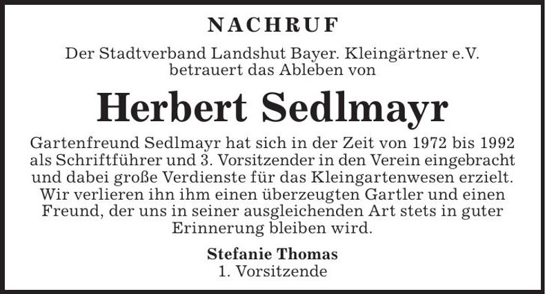 Traueranzeige Herbert Sedlmayr