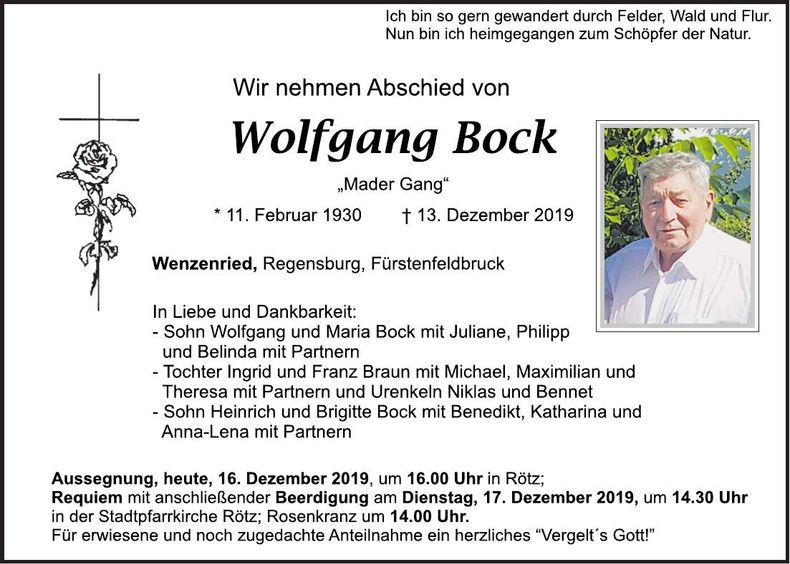 Traueranzeige Wolfgang Bock
