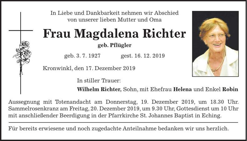 Traueranzeige Magdalena Richter