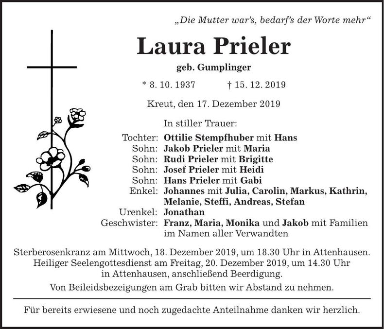 Traueranzeige Laura Prieler