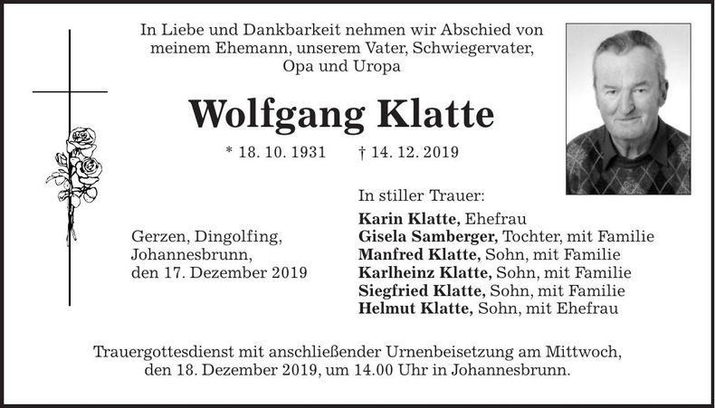 Traueranzeige Wolfgang Klatte