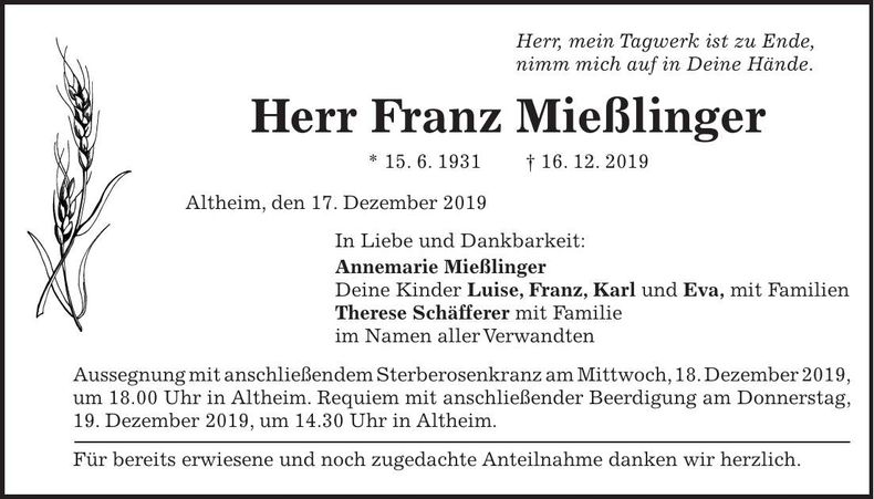 Traueranzeige Franz Mießlinger