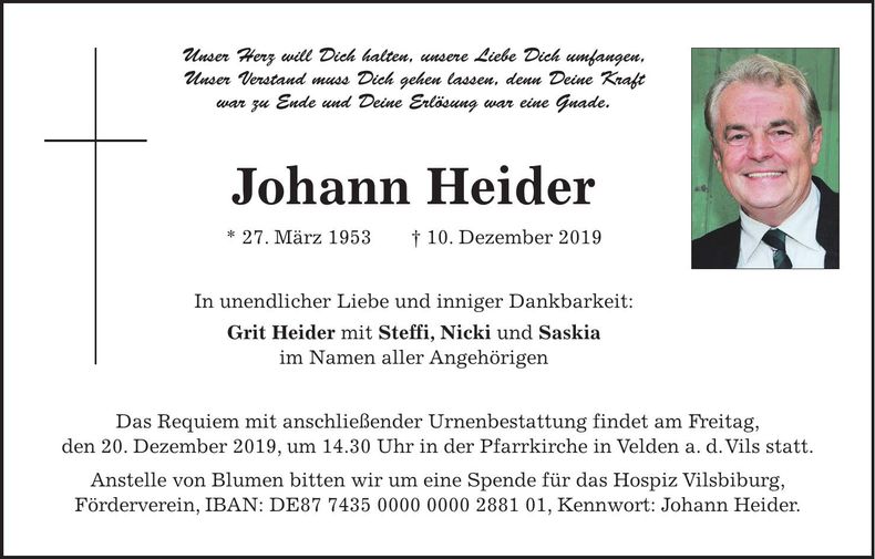 Traueranzeige Johann Heider