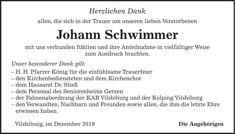Traueranzeige Johann Schwimmer