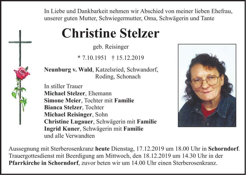 Traueranzeige Christine Stelzer