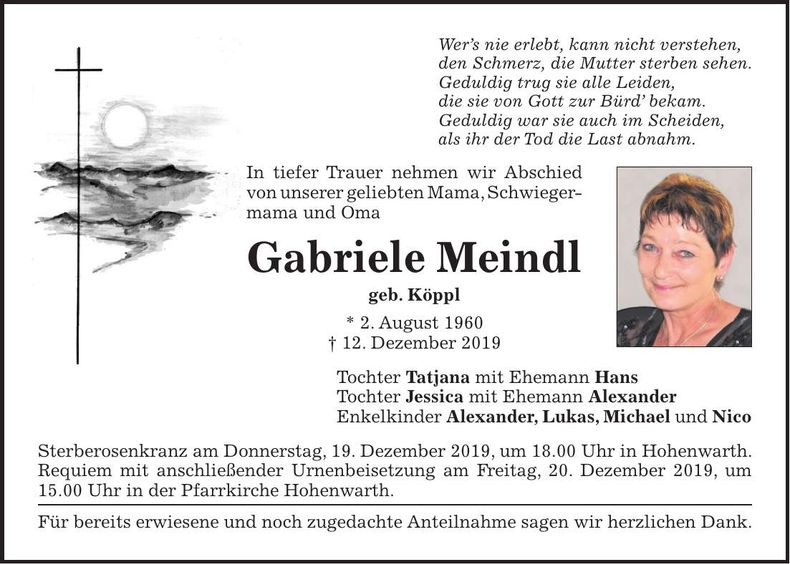 Traueranzeige Gabriele Meindl