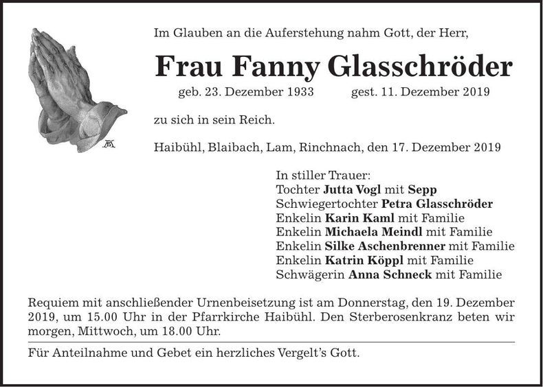 Traueranzeige Fanny Glasschröder