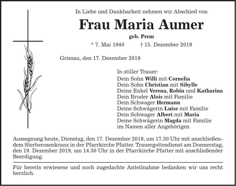 Traueranzeige Maria Aumer