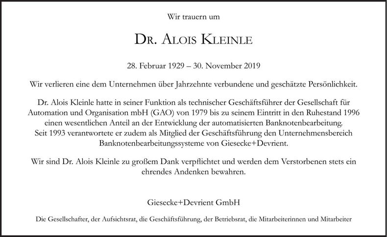Traueranzeige Alois Dr. Kleinle