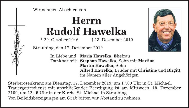 Traueranzeige Rudolf Hawelka