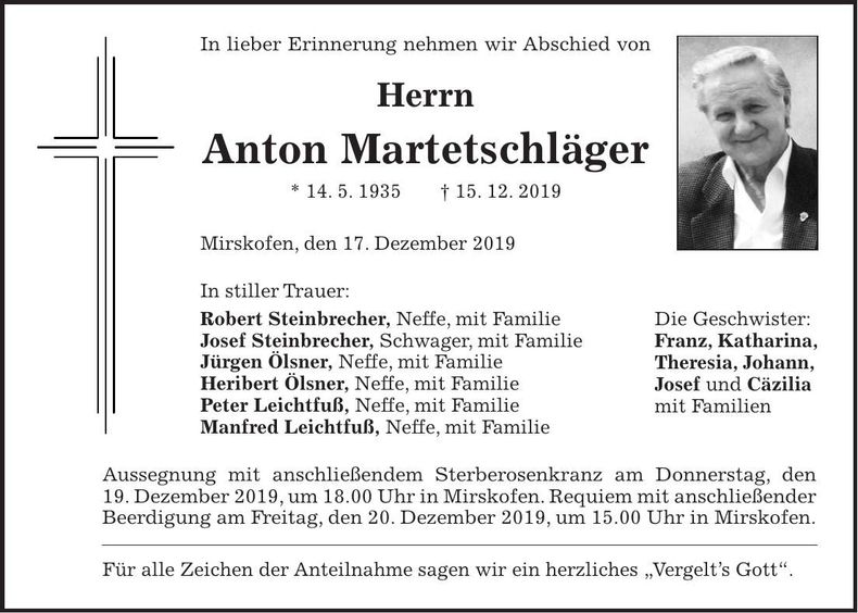 Traueranzeige Anton Martetschläger