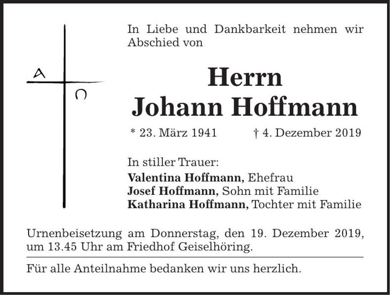 Traueranzeige Johann Hoffmann
