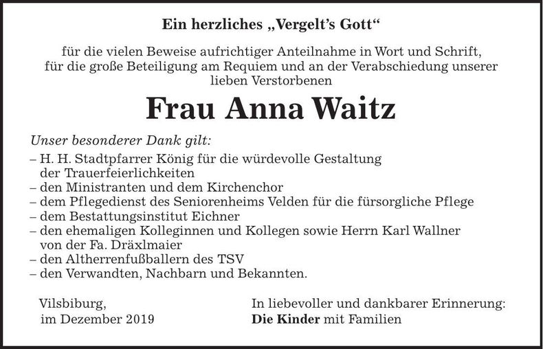 Traueranzeige Anna Waitz