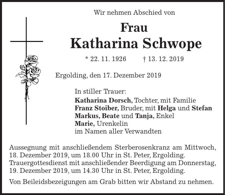 Traueranzeige Katharina Schwope