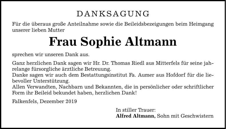 Traueranzeige Sophie Altmann