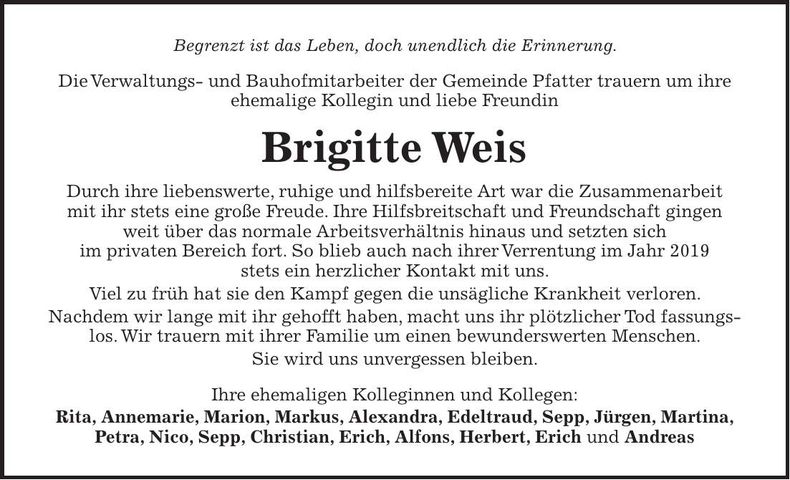 Traueranzeige Brigitte Weis