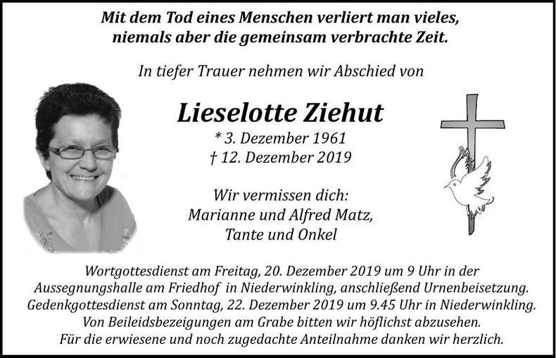 Traueranzeige Lieselotte Ziehut